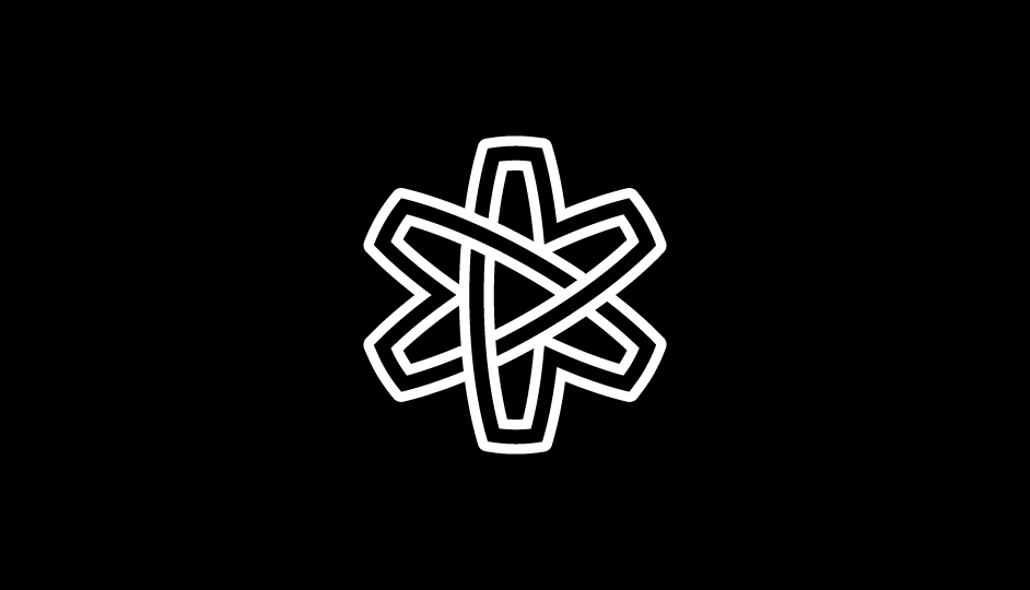 Asterisco lineal (flor, átomo, lazos, estrella) en forma de cinta sinfín imbricada (blanco sobre negro).