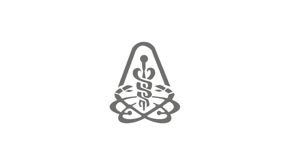 Cancer Institute: isotipo complejo que reúne a la medicina (vara de esculapio y serpientes) con el cáncer (figura del cangrejo).
