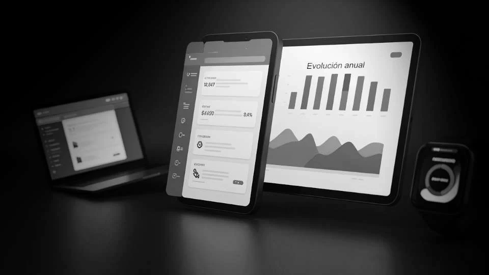 Dispositivos tecnológicos —laptop, smartphone y tablet— e interfaces con gráficas de barras, áreas y métricas de datos.