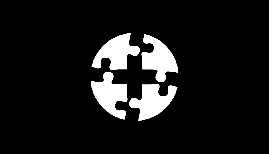 37. Esquema de la cruz médica compuesta sobre la organización de piezas de un rompecabezas (blanco sobre negro).
