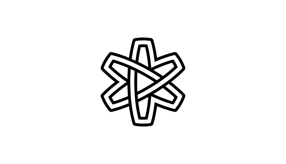 14. Asterisco lineal (flor, átomo, lazos, estrella) en forma de cinta sinfín imbricada (negro sobre blanco).